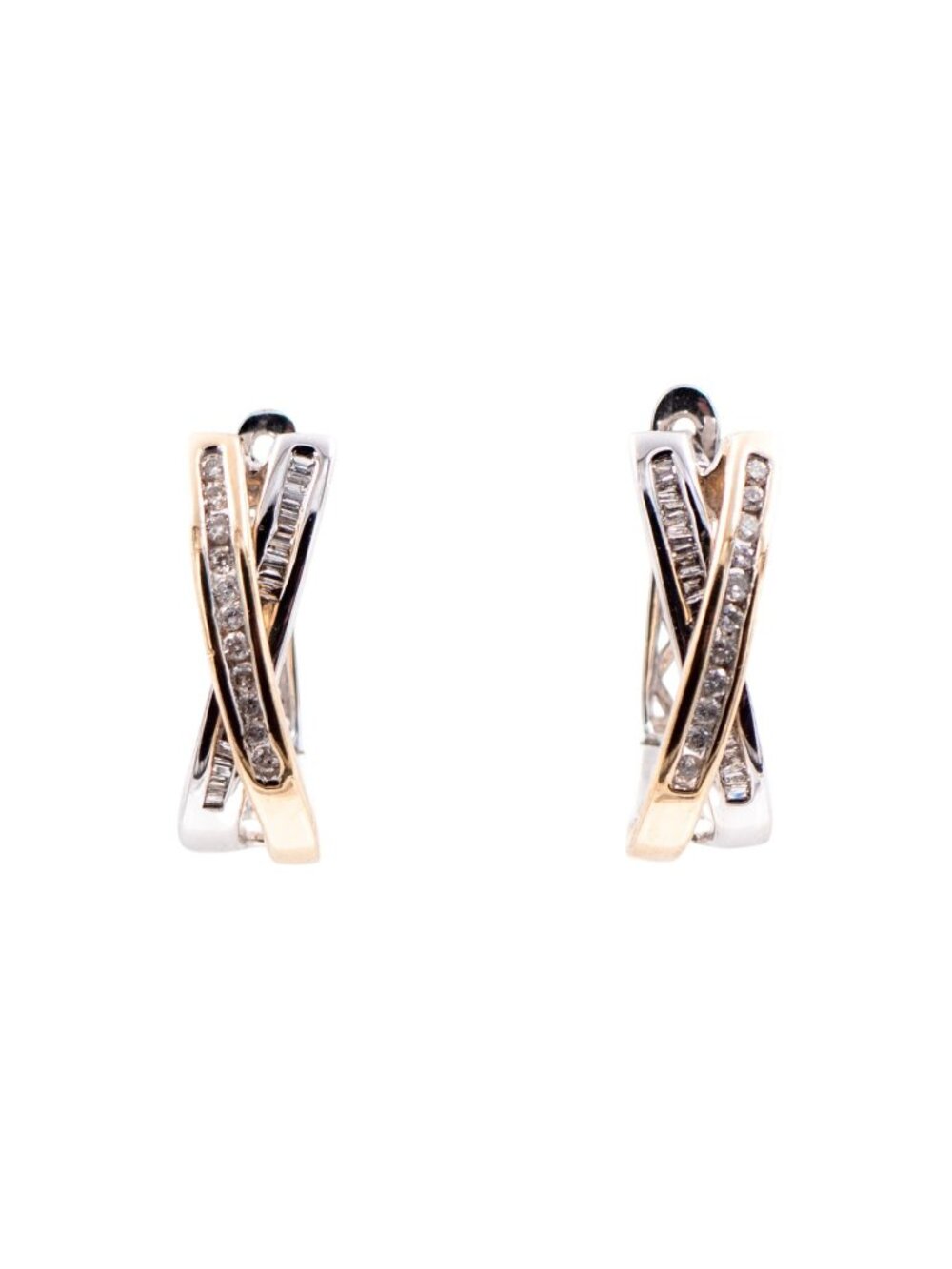 14K Two-Tone Gold Diamond 3/4 Inch Crisscross Huggie Hoop Earrings